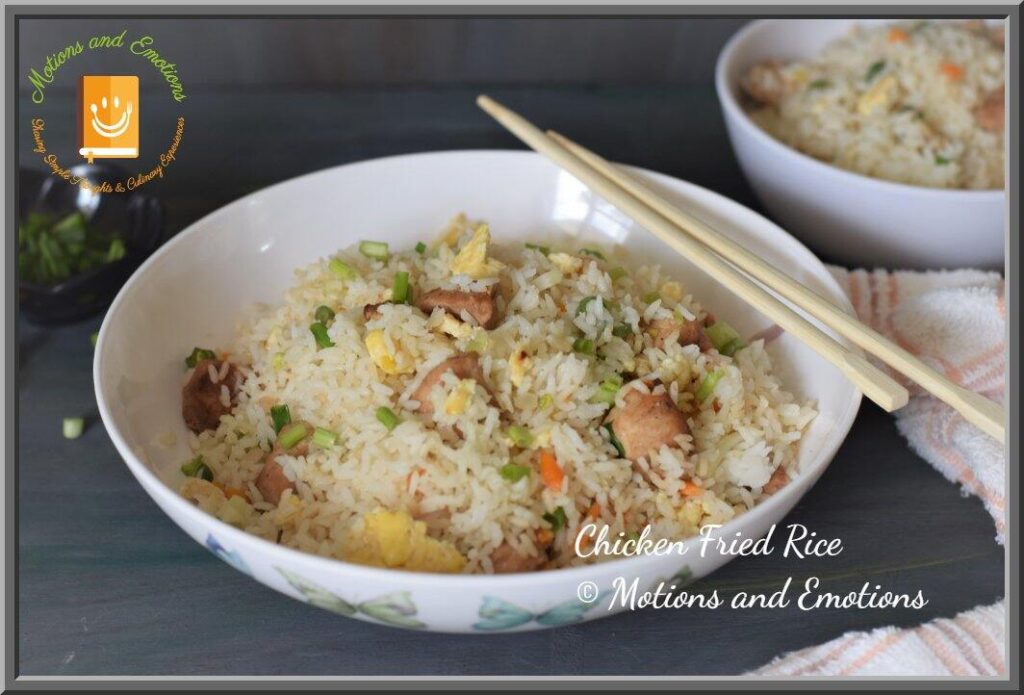 Chicken fried rice in a white bowl close view