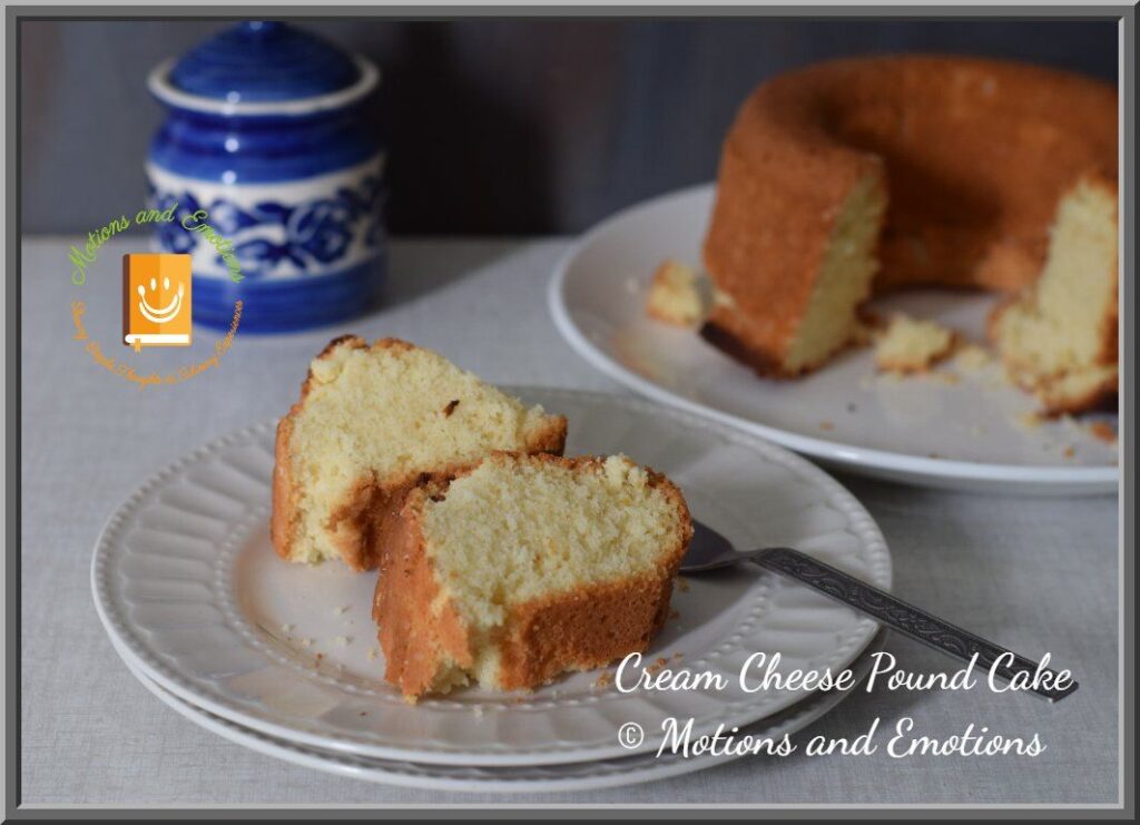 Cream Cheese Pound Cake slices on quarter plate and remaining cake in the background