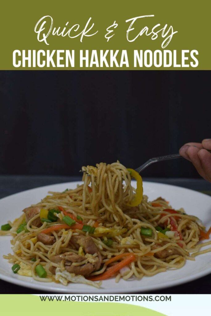 Chicken noodles in a plate with fork; pinterest template
