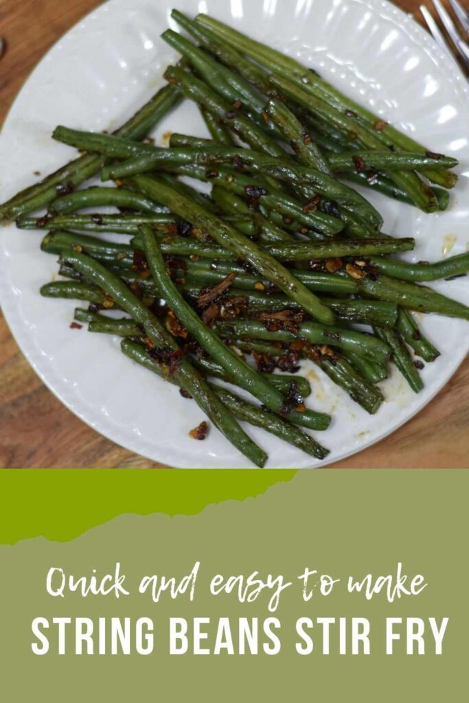  stir fried green beans served in white plate; pinterest template