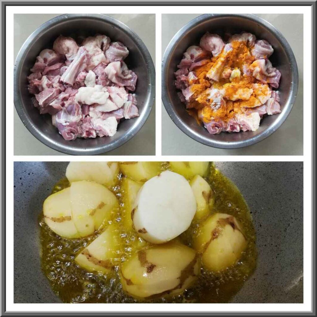 Marinating mutton and frying potatoes
