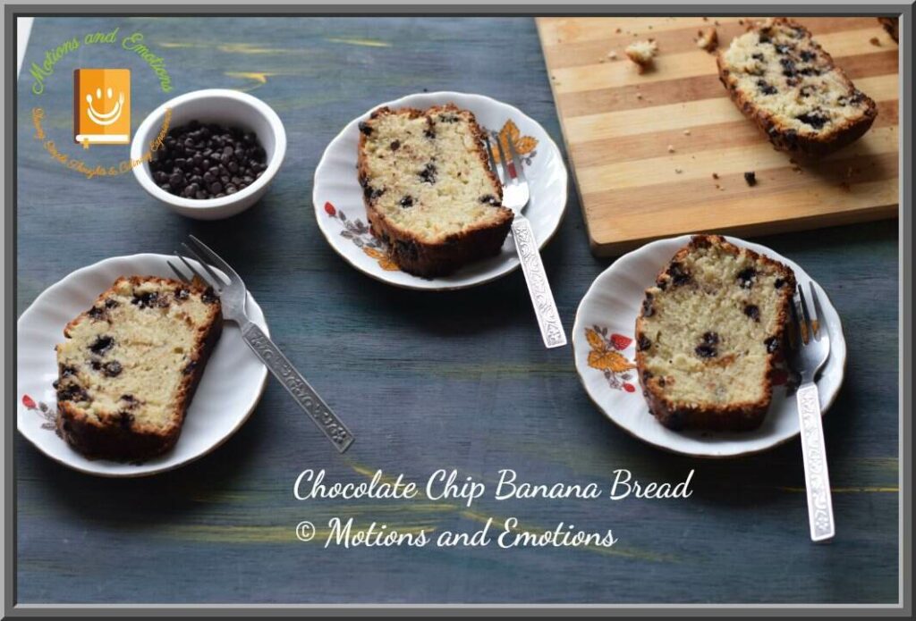 Sliced banana bread with chocolate chips on three white plates with fork