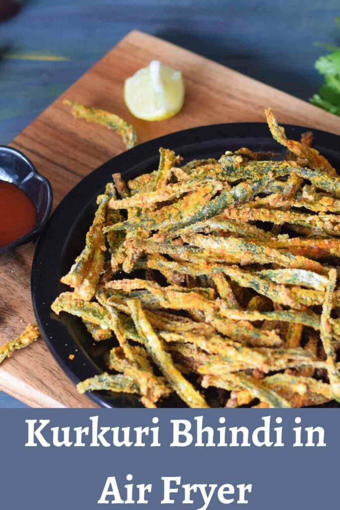 Air fried okra in a plate; pinterest template