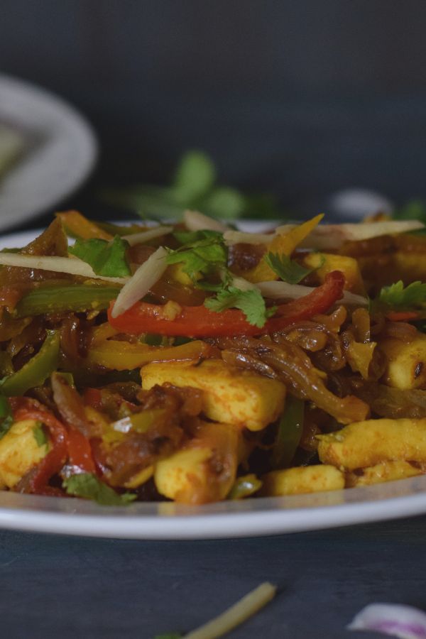 paneer jalfrezi in a white plate