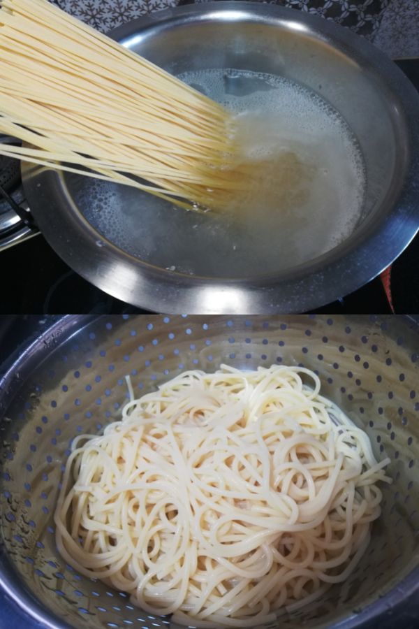 Boiling spaghetti and cooked spaghetti