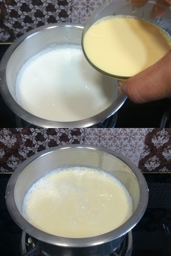 adding custard paste to the milk