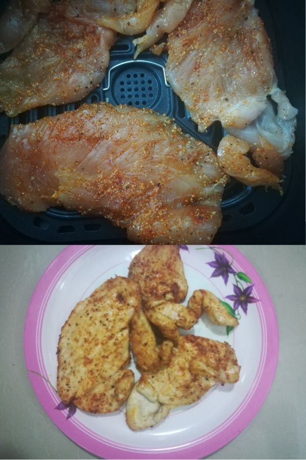 spice coated chicken breasts kept in air fryer and after air frying kept on plate