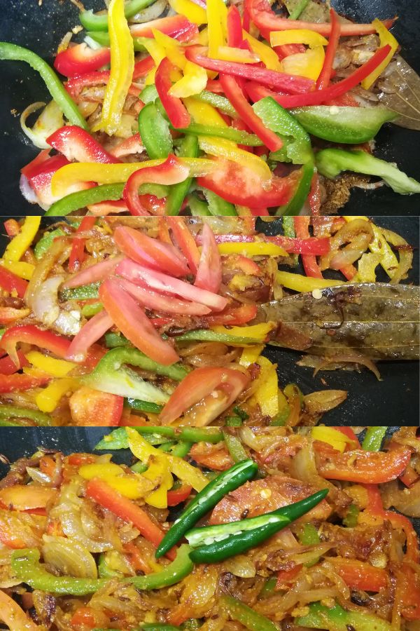 frying of bell peppers, tomato and green chilli
