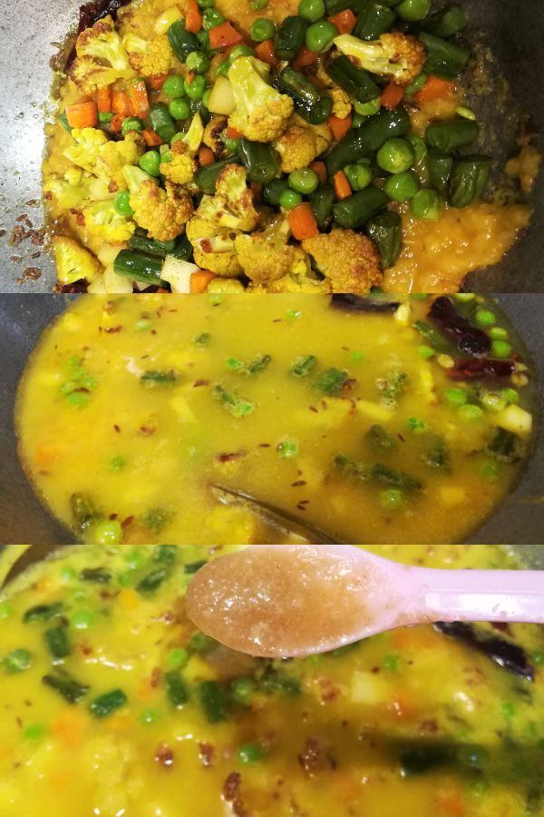 Adding vegetables, water and ghee in boiled dal