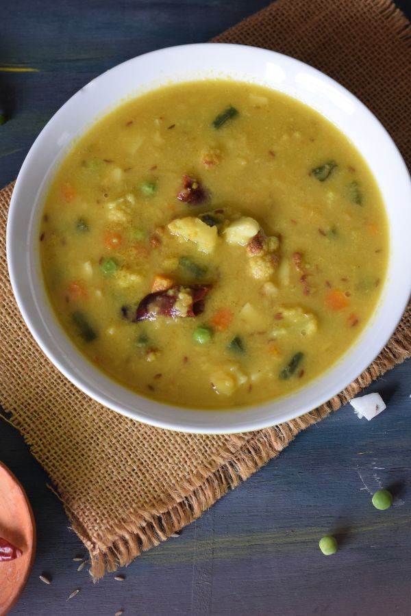 moong dal with vegetables in a bowl top view