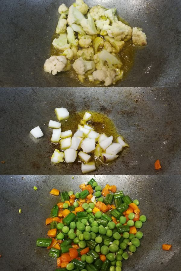 frying cauliflower, coconut, carrot, beans, green peas
