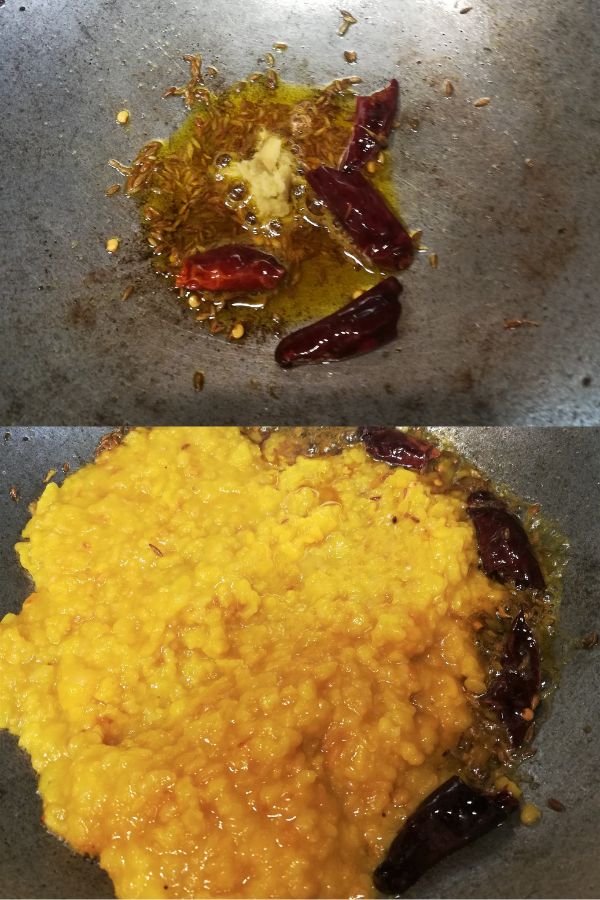 oil with cumin seeds, dry red chilli and ginger paste and addition of boiled dal into the oil