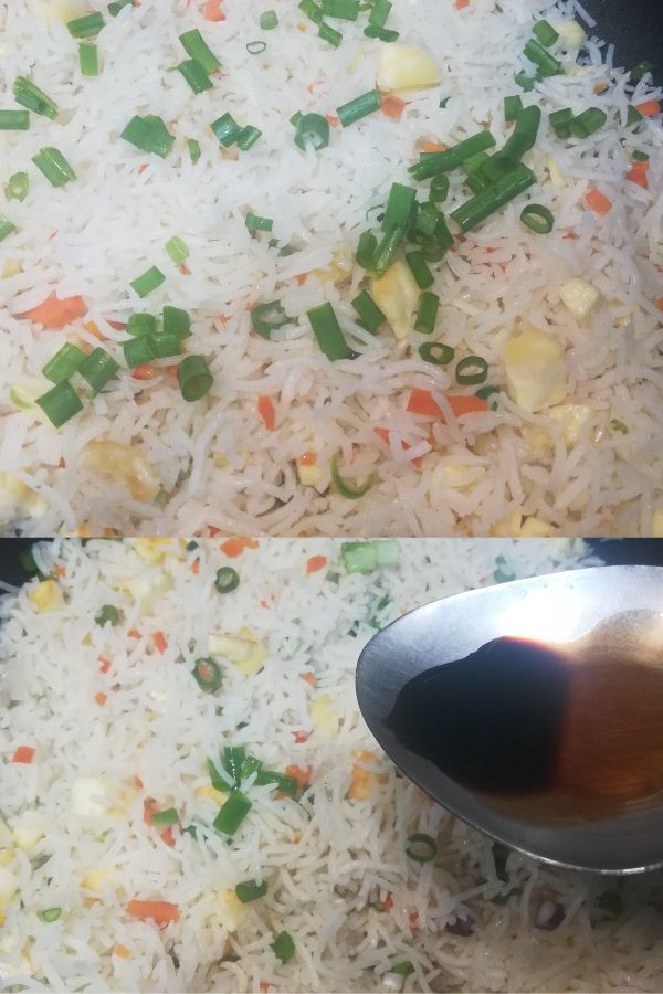 Adding vinegar mixture in fried rice