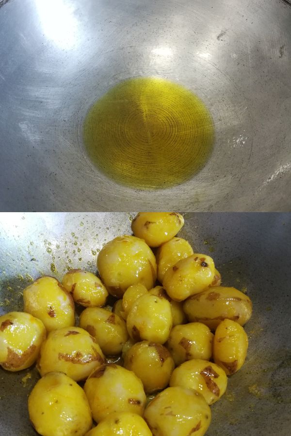 heating oil and frying potatoes with salt and turmeric powder