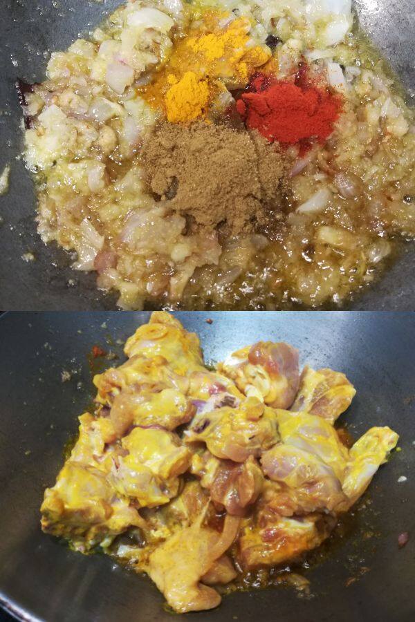 adding spice powders and marinated chicken for cooking