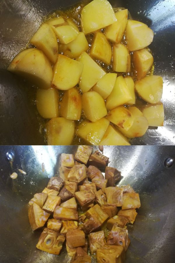 frying potatoes and jackfruit pieces