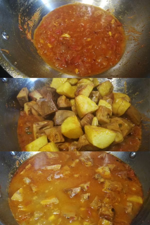 cooking jackfruit and potato in onion tomato based gravy