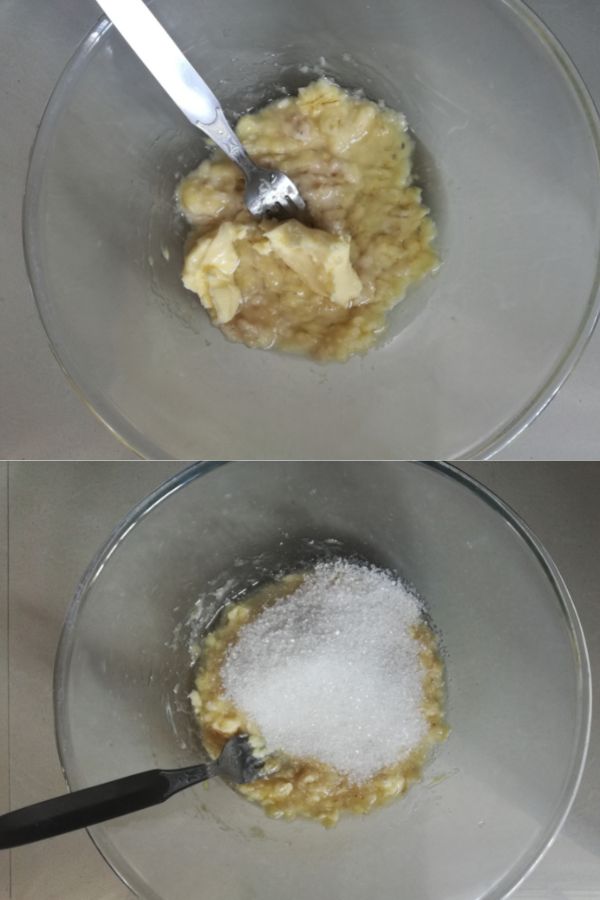 Add butter/oil and sugar to mashed banana