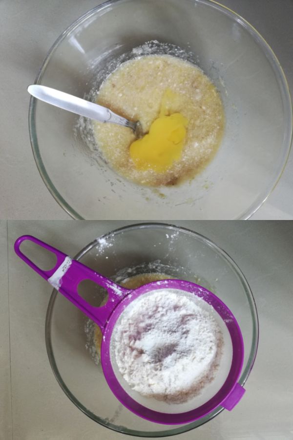 Add eggs and sift flour mixture to banana bread batter 