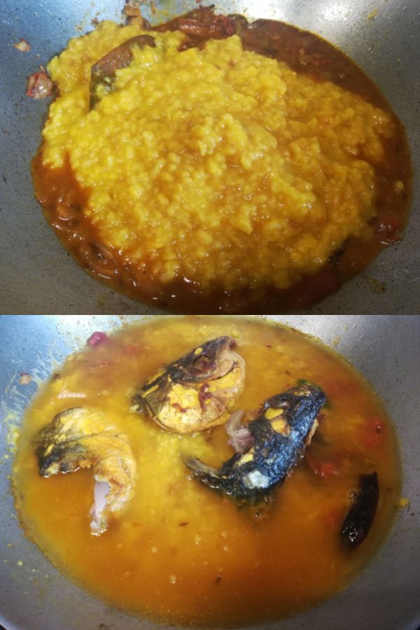 Addition of cooked dal and fried fish head along with spices