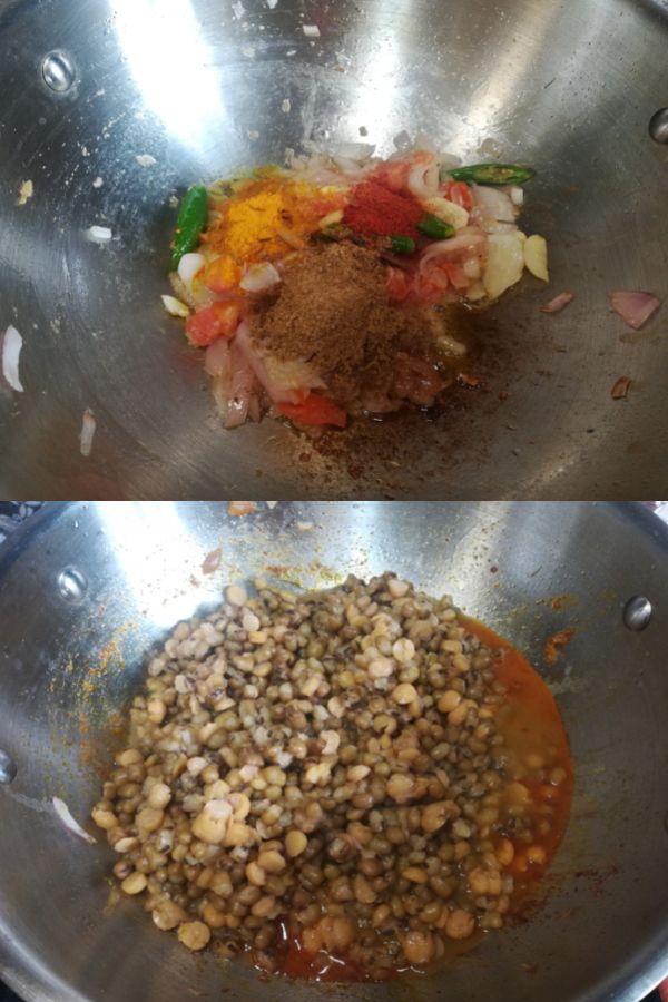 Adding spice powders and finally adding boiled dal into masala