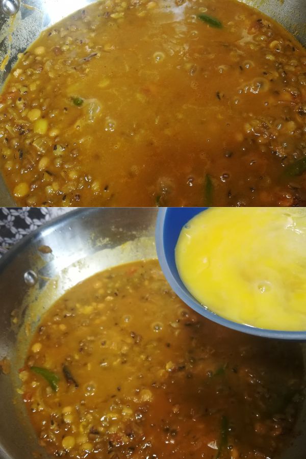 Adding water and beaten eggs into the dal