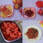 apple, pomegranate, watermelon and red bell pepper stir fry in a collage