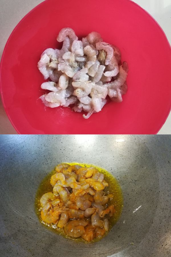 raw shrimp and frying shrimp