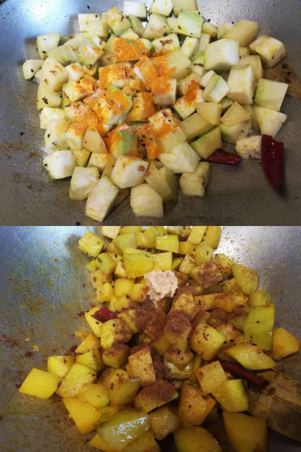 frying of bottle gourd and potato with spices