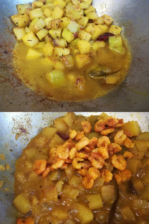 Cooking bottle gourd curry with water and later fried shrimp added