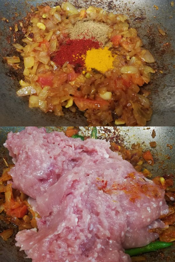 spice powders are added to onion masala and minced chicken added