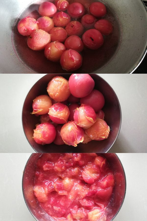 Boiling red plum, peeling and mashing