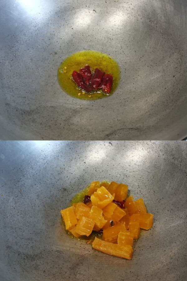 heating oil along with dry red chilli and sauteing chopped mango papad