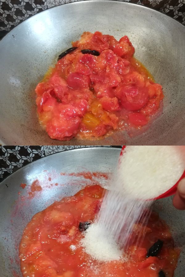 cooking red plum chutney with sugar