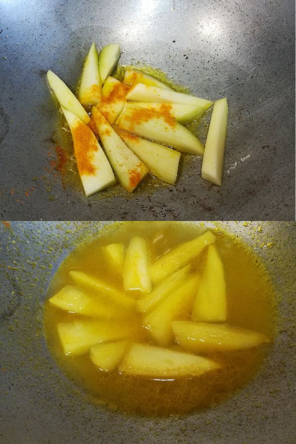 Frying raw mango strips and cooking them with water