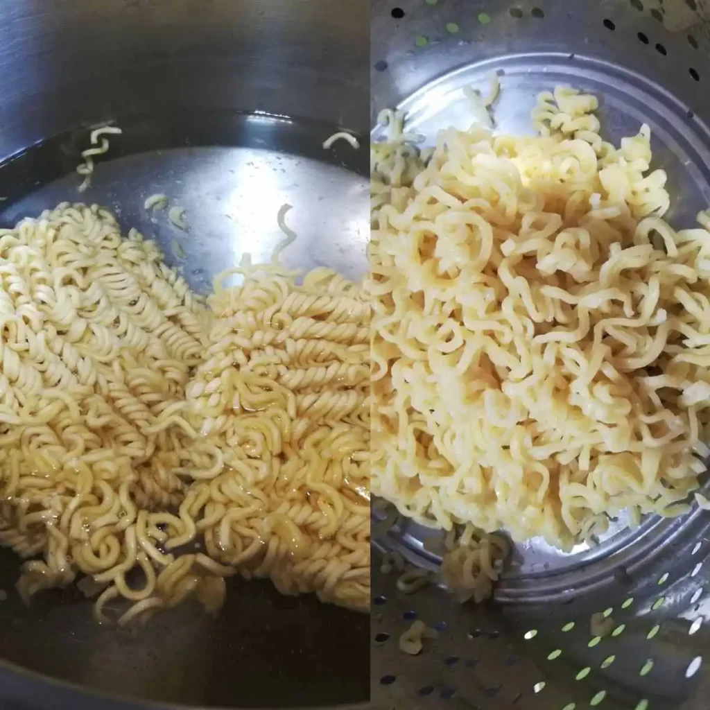 cooking ramen and drained ramen