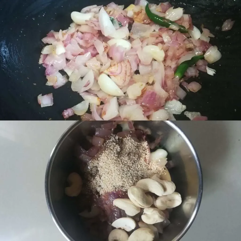 grounding fried onion, garlic, ginger, poppy seeds and cashew nuts