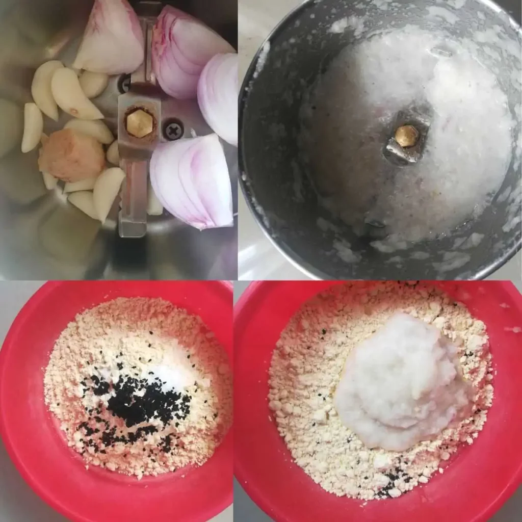 onion, ginger, garlic paste making and adding it to gram flour along with other spices