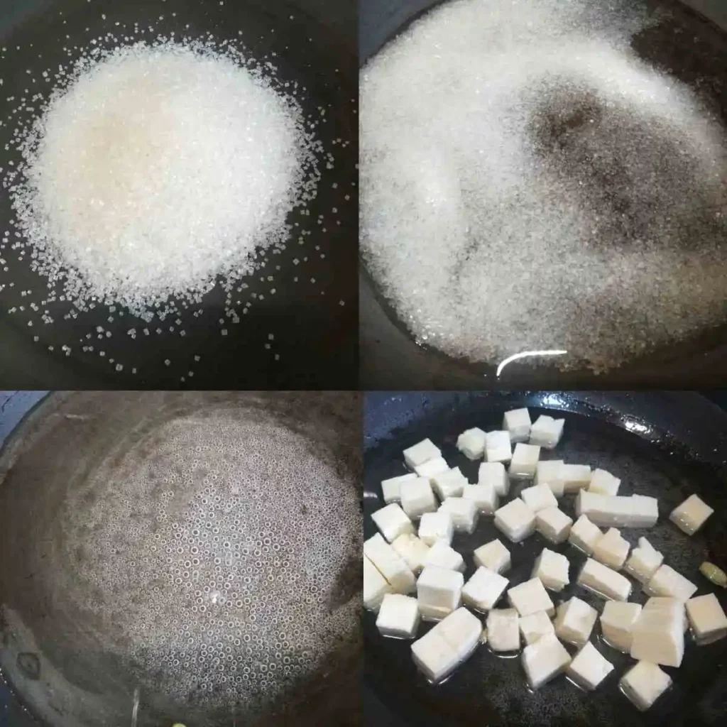 making sugar syrup and adding paneer into it