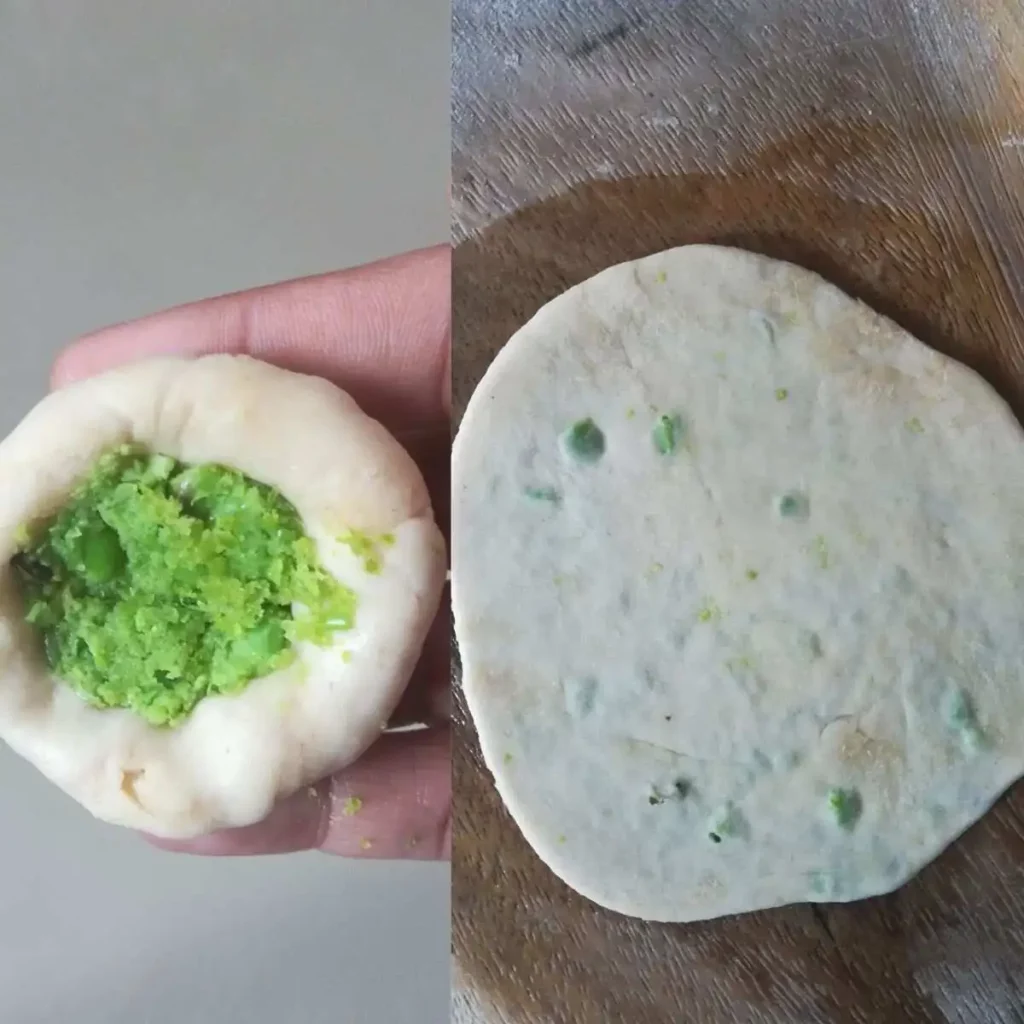 stuffing of green peas and rolling of puffed bread