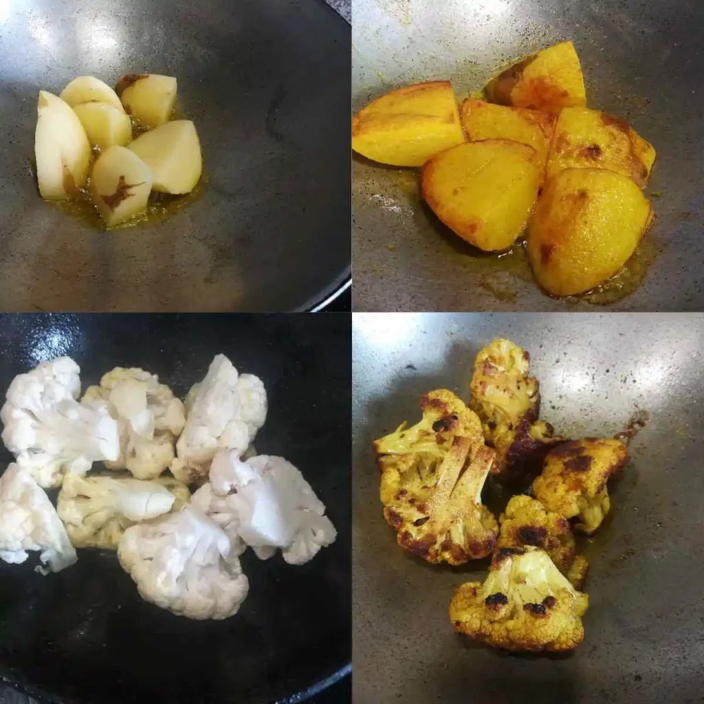 Frying potatoes and cauliflower florets