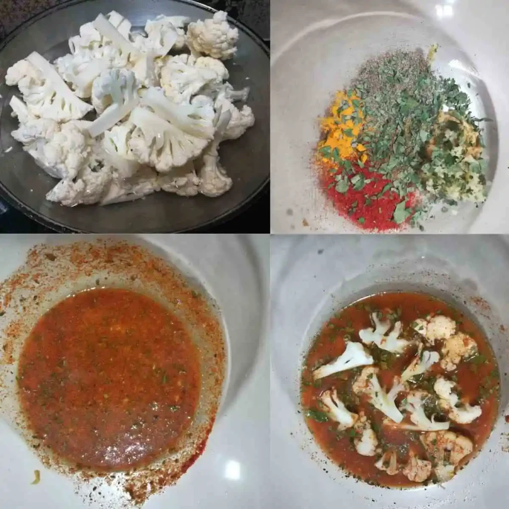 blanching of cauliflower florets and later marination of the florets in spices.