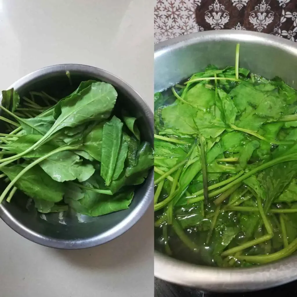 spinach leaves in hot water