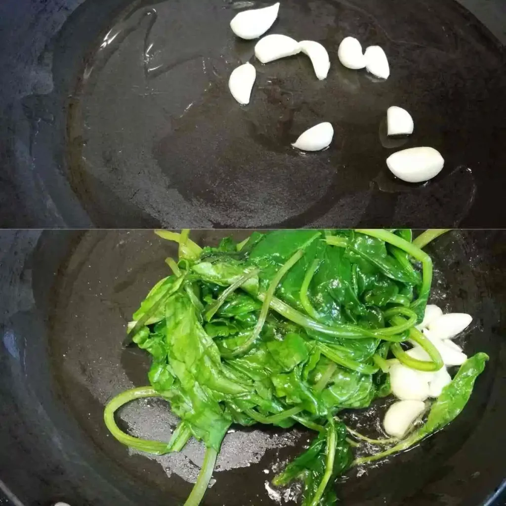 sauteing garlic cloves and spinach