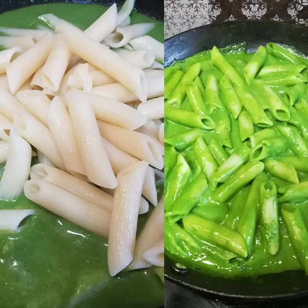 cooking pasta in green sauce - stepwise