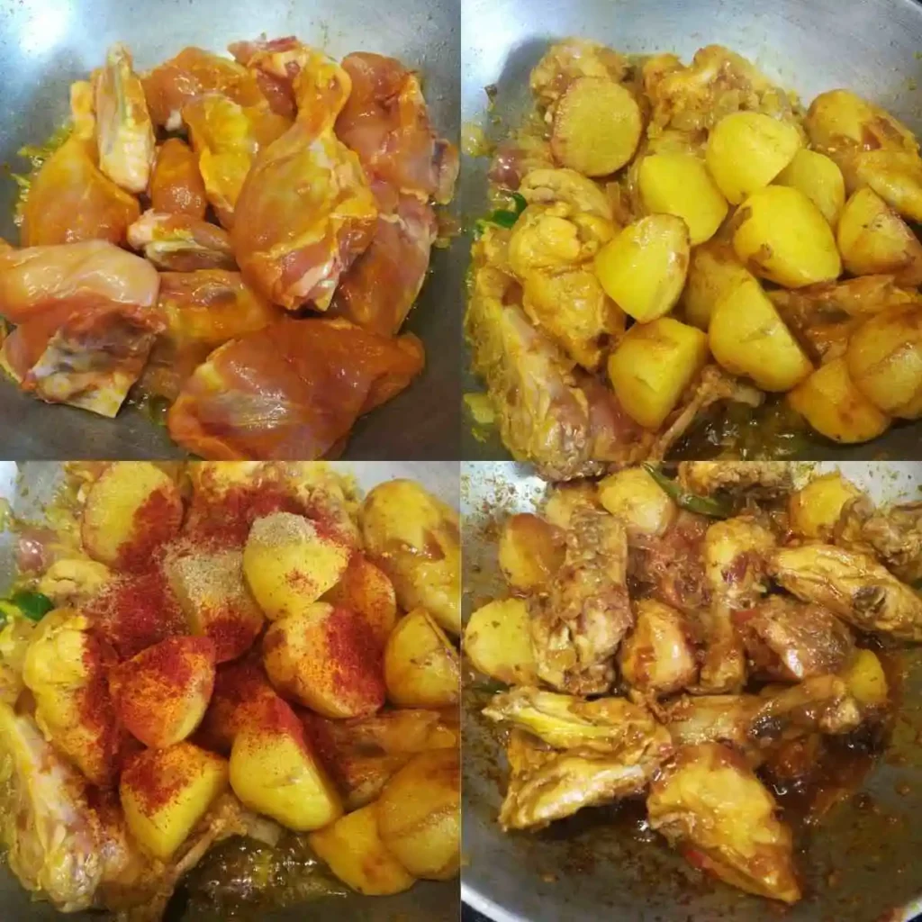 addition of marinated chicken and fried potatoes and cooking with spice powders