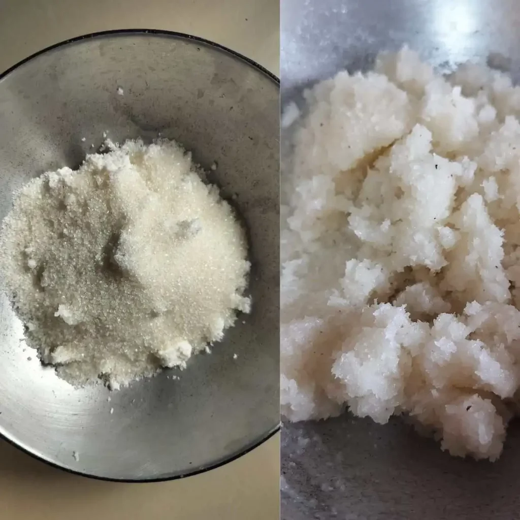 mixture of coconut and sugar and after cooking in gas