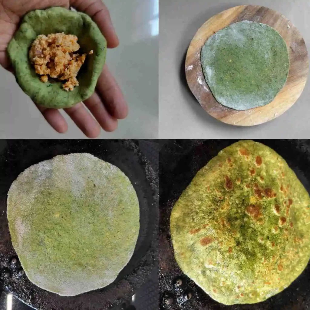 stuffing, rolling and frying of palak paneer paratha