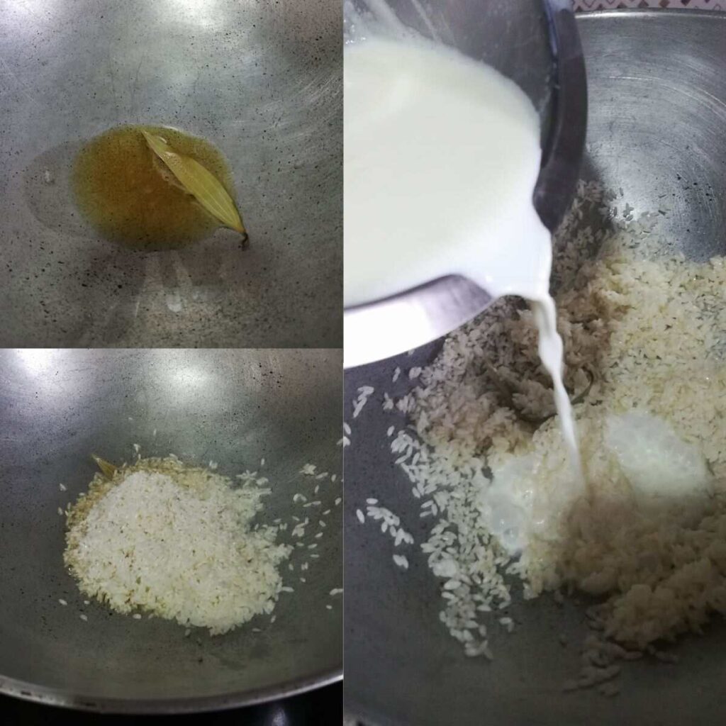 frying the rice in ghee and adding milk into rice