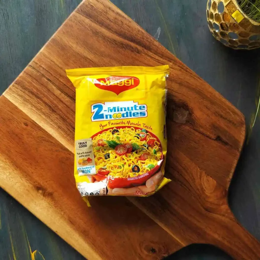 Maggi packet on a wooden board